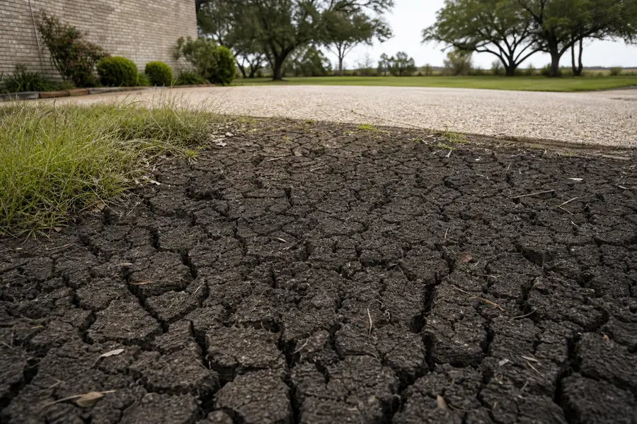 Cracked black gumbo clay soil showing deep dry season fissures near a Texas driveway