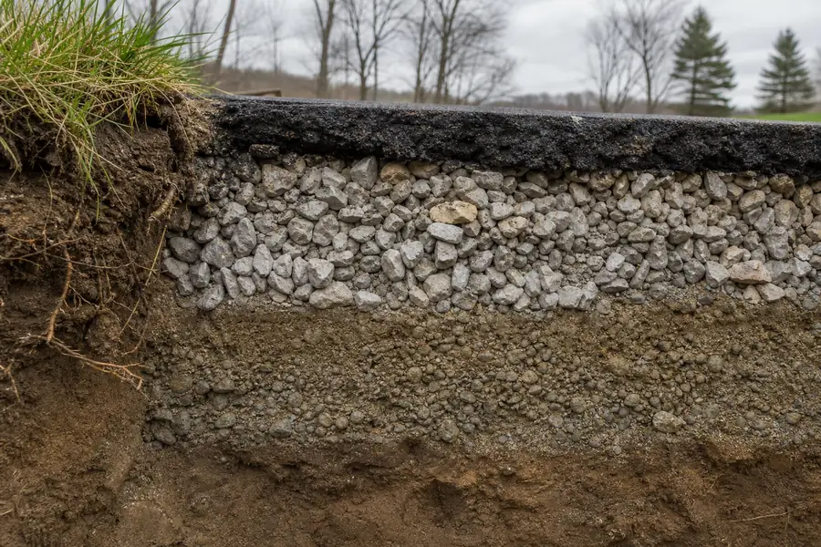 Cross-section diagram style photo of driveway layers cut into the ground