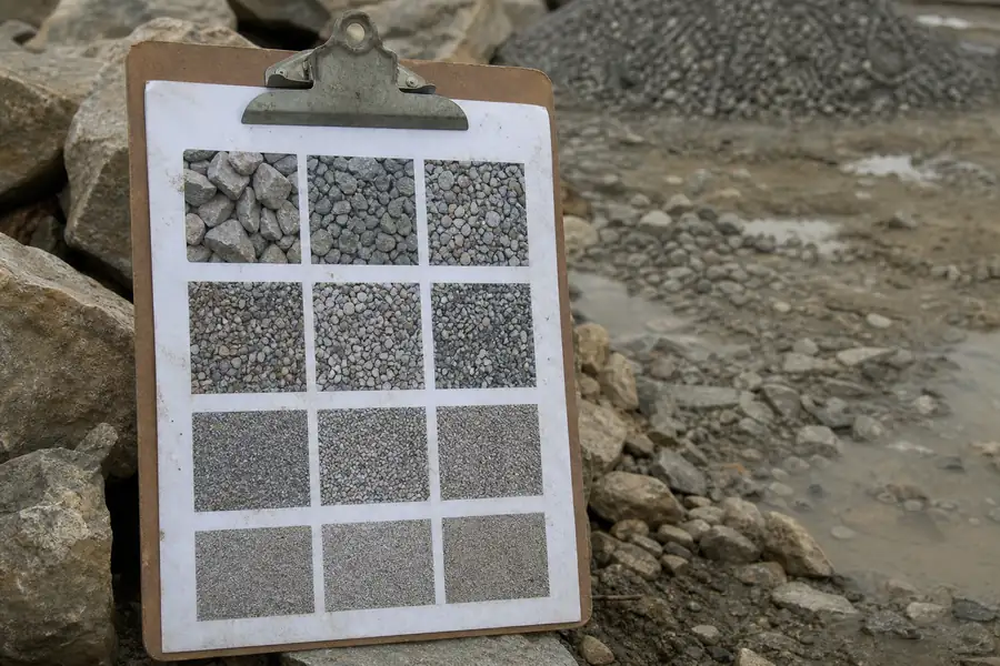 Printed gravel size chart on a clipboard at a job site