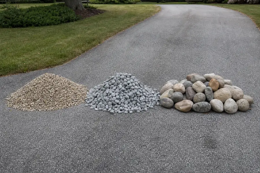 Side-by-side piles of pea gravel, crushed stone and river rock on a driveway
